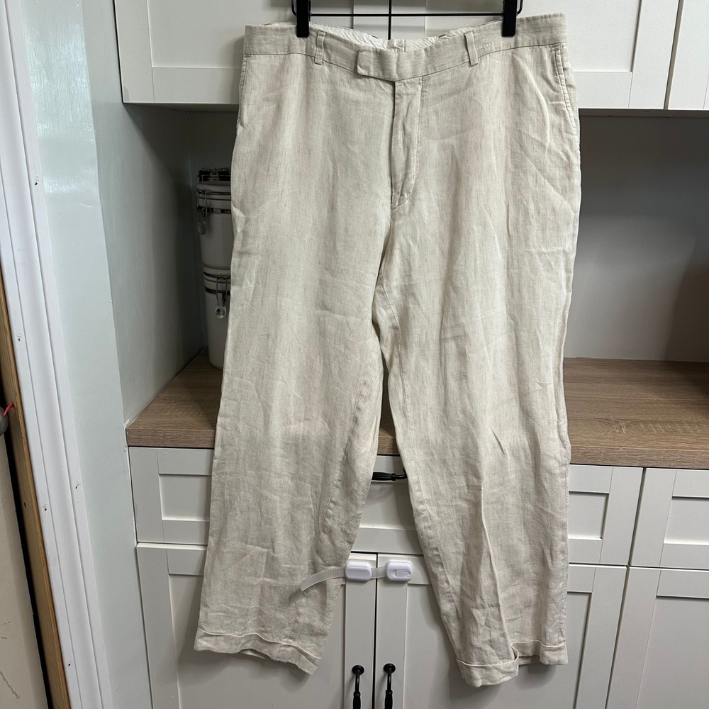 VTG Hugo Boss Linen Trousers Mens 38R Beige Flat Front Cuffed Straight Leg Pants
